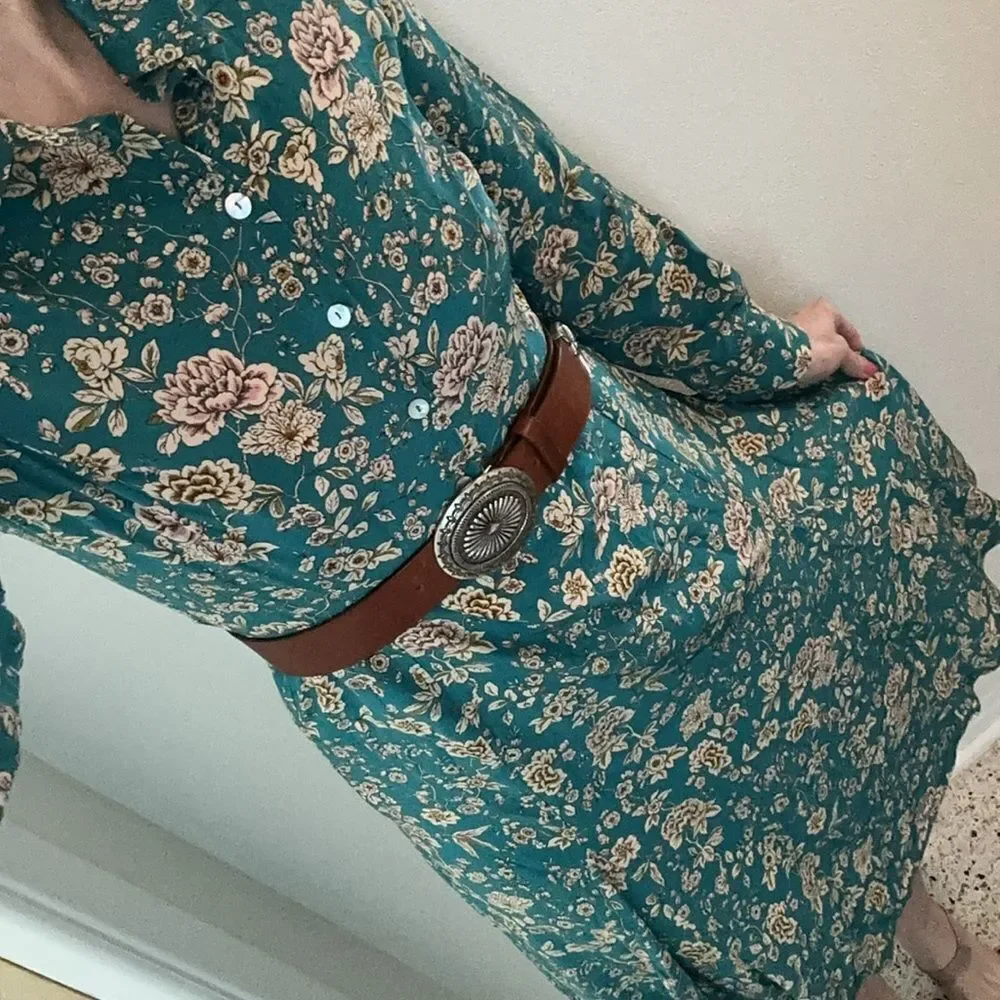Really Wild 100% silk dress green floral midi 8